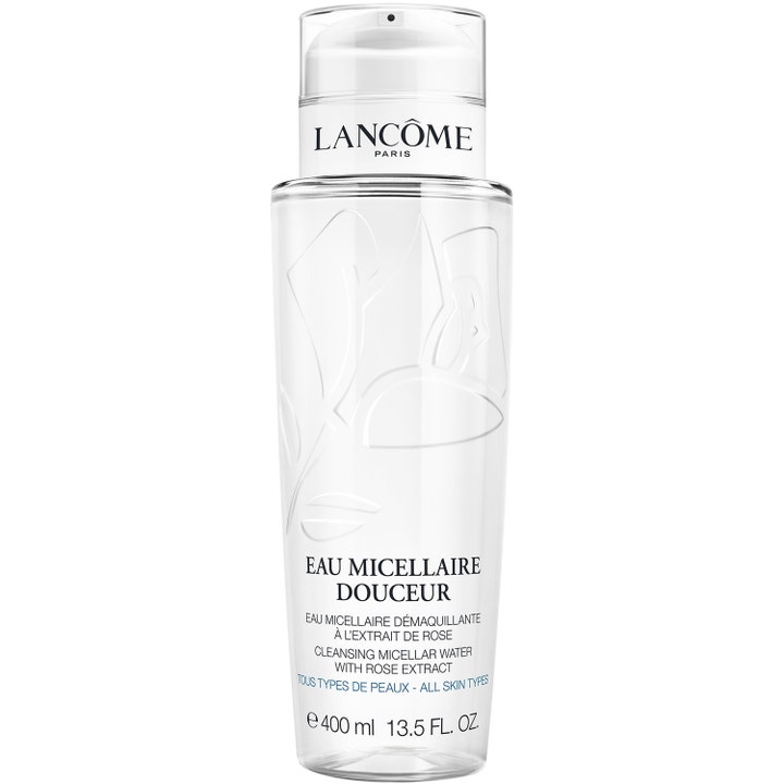 Lancôme Eau Micellaire Douceur 400 ml misellivesi puhdistaa ihon kirkkaassa ruusuaiheisessa muovipullossa.