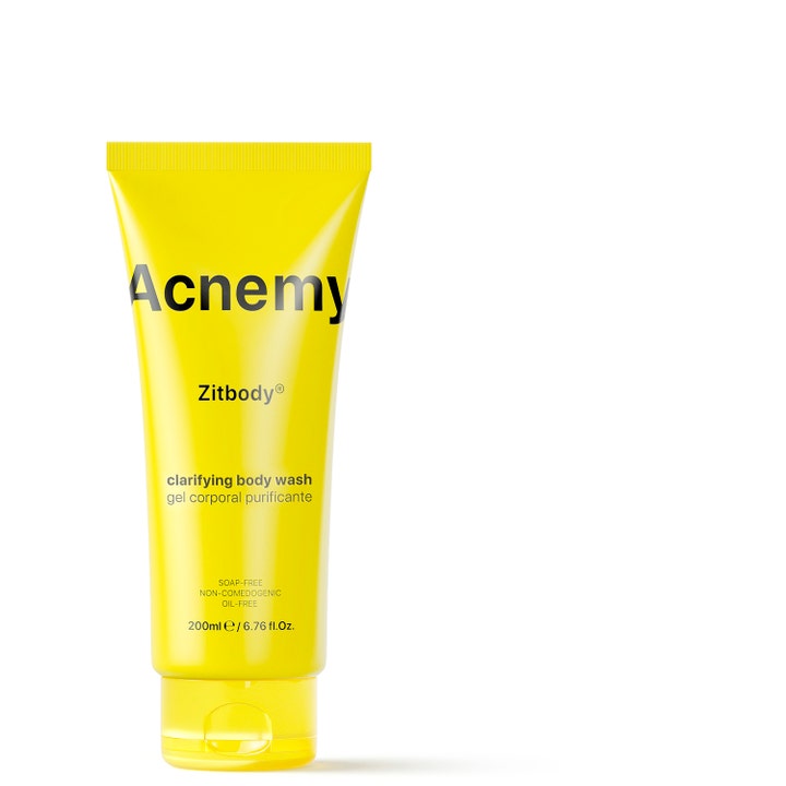 Acnemy Zitbody 200 ml kirkastava vartalonpuhdistusaine keltaisessa tuubissa epäpuhtauksia vastaan.