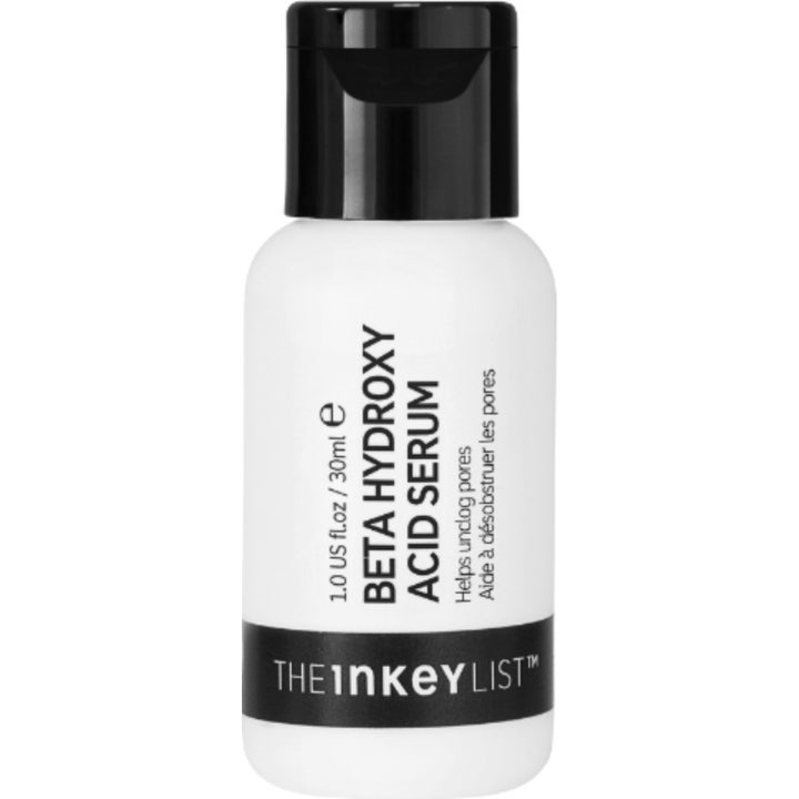 The Inkey List Beta Hydroxy Acid Serum 30 ml ihohuokosia puhdistava seerumi valkoisessa pullossa mustalla korkilla