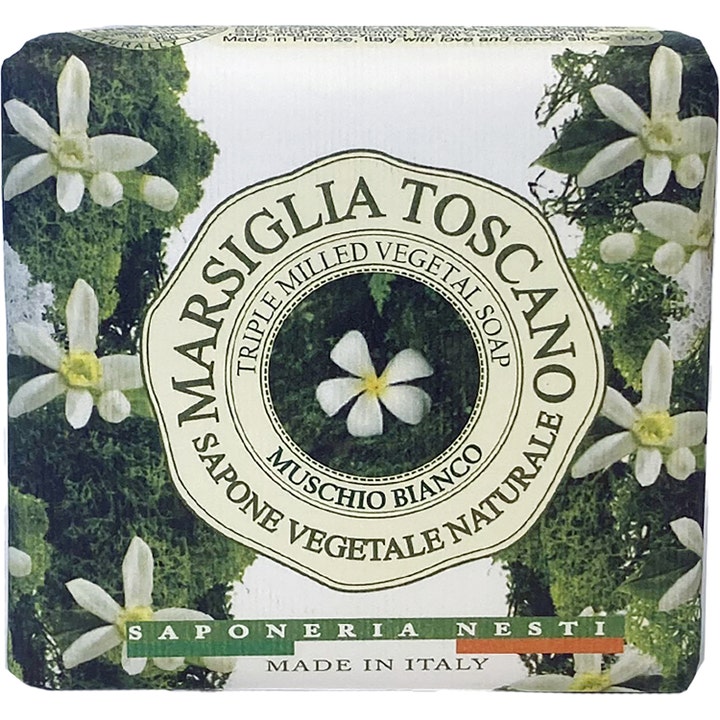Nesti Dante Marsiglia Toscano Muschio Bianco 200 g palasaippua kukkakuviollisessa paperikääreessä.