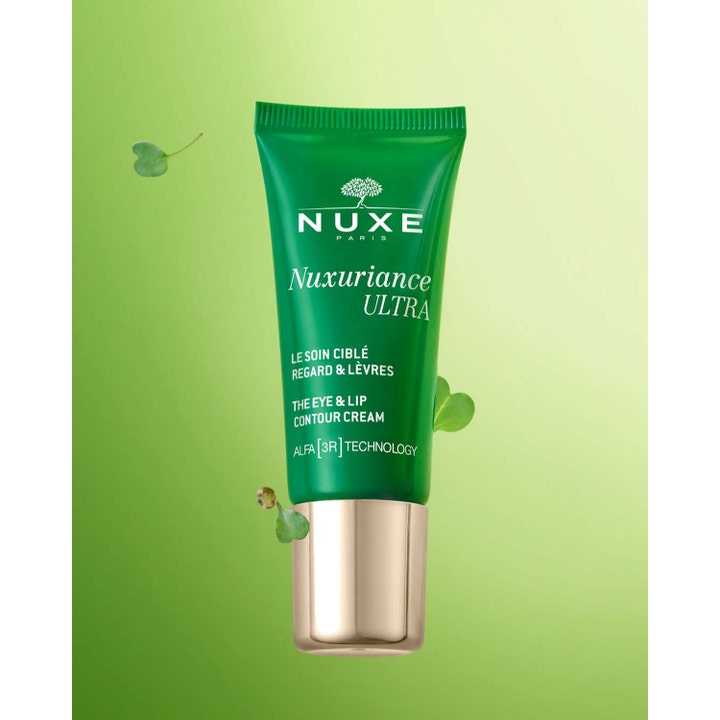 Nuxe Nuxuriance ULTRA Eye & Lip Contour 15 ml silmänympärysvoide vihreässä tuubissa kultaisella korkilla.