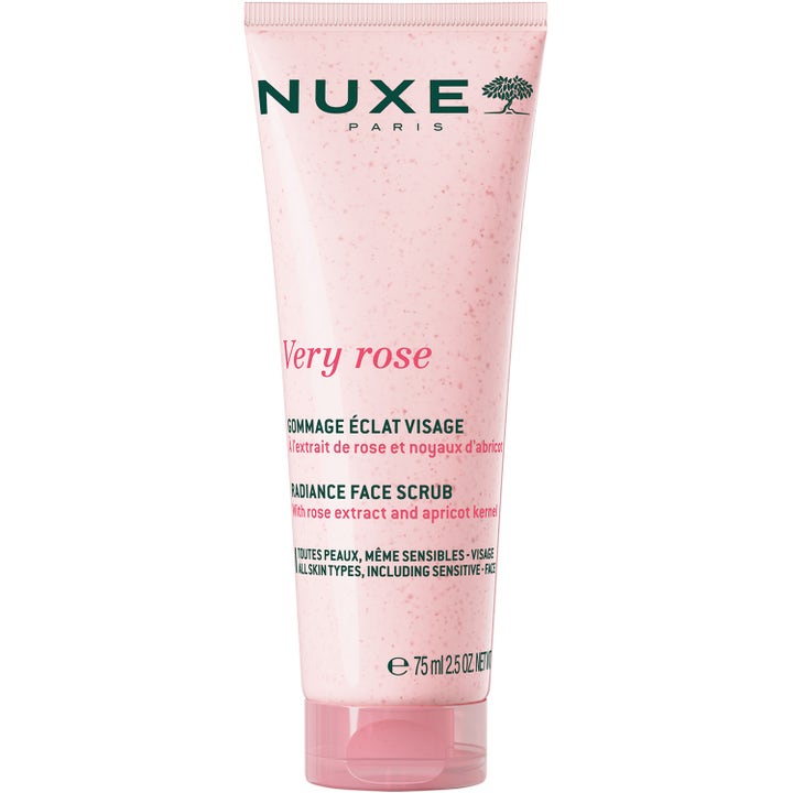 Nuxe Very Rose Radiance Face Scrub 75 ml heleyttävä kasvokuorinta vaaleanpunaisessa tuubissa, jossa on rakeinen koostumus.