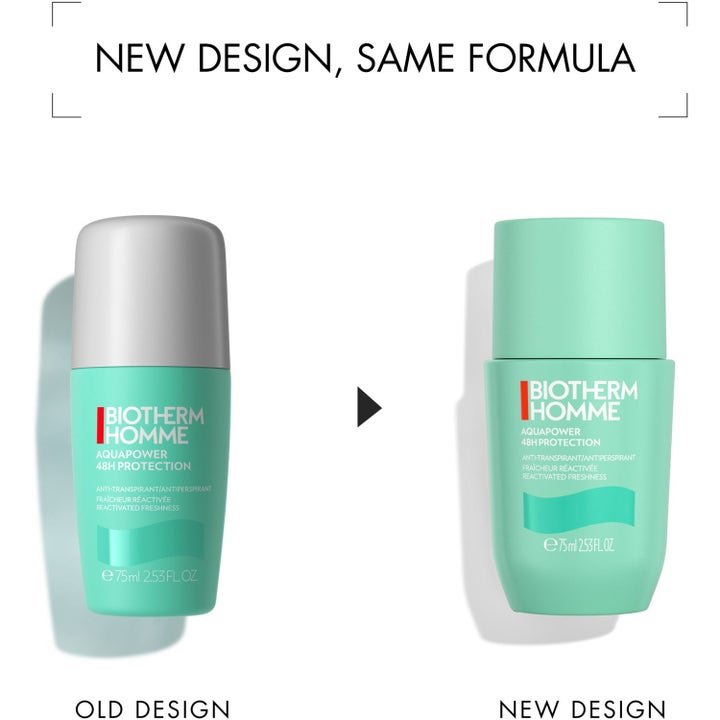 Biotherm Homme Aquapower Duo 75 ml roll-on deodorantti 48h suojalla vertailussa vanha ja uusi vihreä pakkaus.
