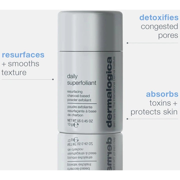 Dermalogica Daily Superfoliant 13 g kuorinta silottaa ihoa ja syväpuhdistaa ihohuokoset harmaassa purkissa.