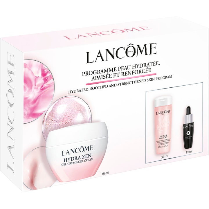 Lancôme Hydra Zen Starter Kit 2025 ihonhoitosetti valkoisessa pakkauksessa, jossa on kosteuttava päivävoide ja seerumi.