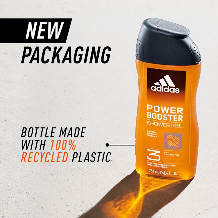 Adidas Adipower Booster 250 ml suihkugeeli on 100 % kierrätysmuovista valmistetussa oranssissa pullossa.
