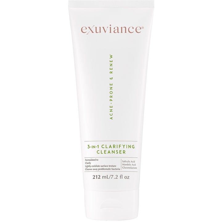 Exuviance 3-in-1 Clarifying Cleanser 212 ml kirkastava puhdistusgeeli akneiholle valkoisessa tuubissa.