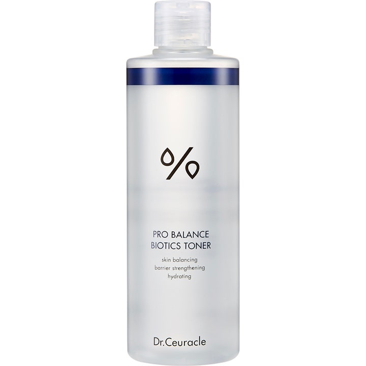 Dr. Ceuracle Pro Balance Biotics Toner 300 ml tasapainottava kasvovesi huurteisessa pullossa sinisellä raidalla.