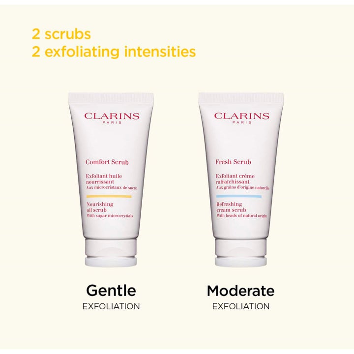 Clarins Comfort Scrub 50 ml ravitseva öljykuorinta ja Fresh Scrub valkoisissa tuubeissa eri kuorintatehoilla.