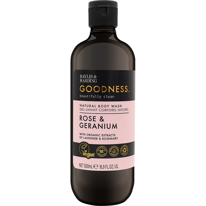 Baylis & Harding Goodness Rose & Geranium 500 ml puhdistava suihkusaippua tummassa pullossa vaaleanpunaisella etiketillä.