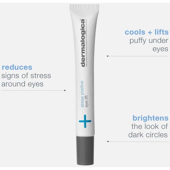 Dermalogica Stress Positive Eye Lift kirkastava silmänympärysvoide valkoisessa tuubissa viilentää turvotusta.