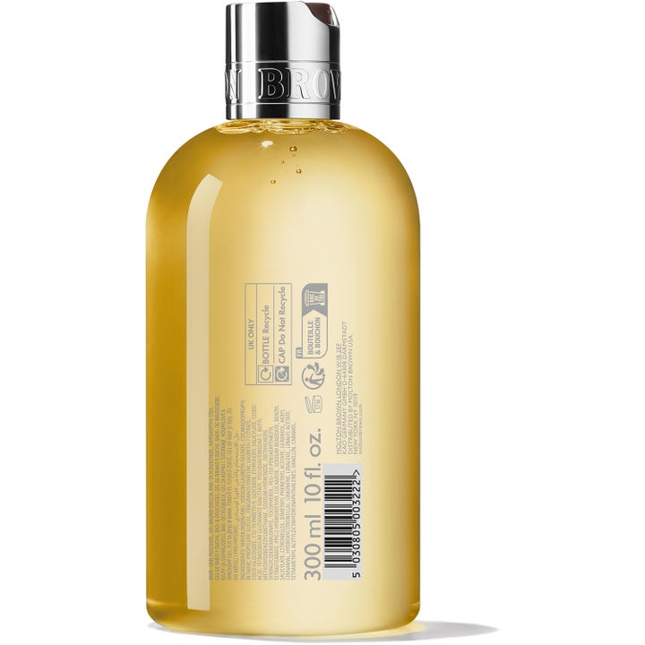 Molton Brown Flora Luminare Bath & Shower Gel 300 ml heleyttävä suihkugeeli pullon kääntöpuoli ainesosineen