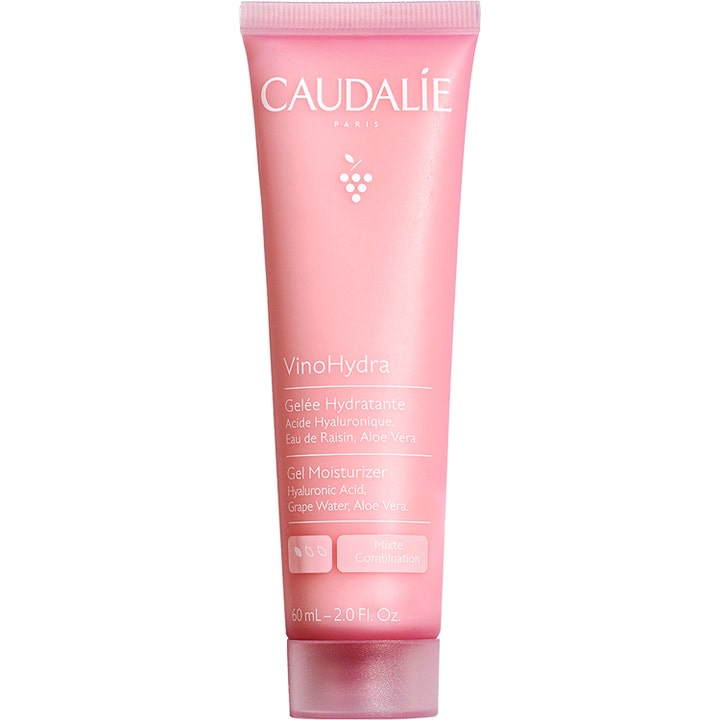 Caudalie VinoHydra Gel Moisturizer 60 ml kosteuttava kasvogeeli vaaleanpunaisessa tuubissa valkoisella tekstillä.