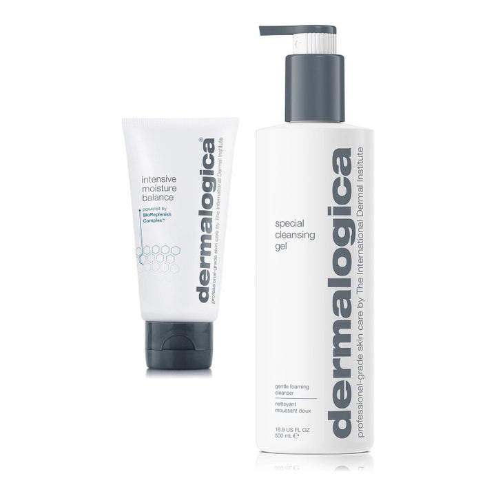 Dermalogica Special Cleansing Gel ja Intensive Moisture Balance puhdistava setti valkoisessa pumppupullossa ja tuubissa
