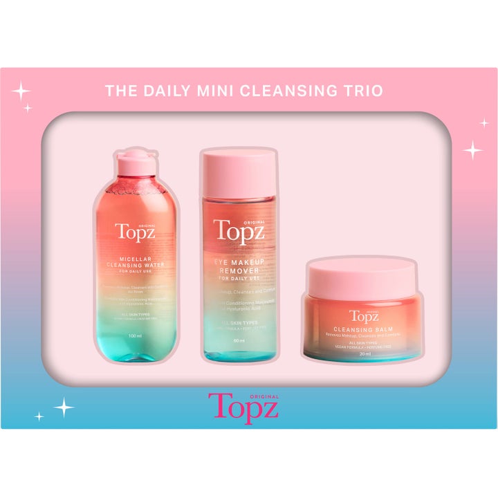 Topz The Daily Mini Cleansing Trio 100ml 60ml 20ml puhdistussetti kosteuttaa ihoa niasiiniamidilla liukuväripakkauksissa.