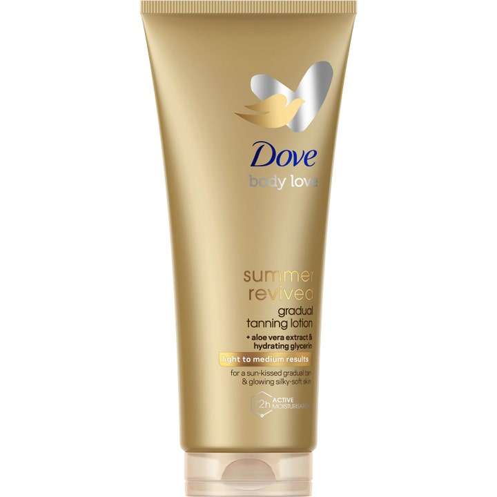 Dove Body Love Summer Revived Gradual Tanning Lotion kosteuttava ja päivettävä vartalovoide kultaisessa tuubissa.