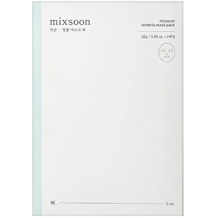 Mixsoon Centella Mask Pack 5 kpl rauhoittava kangasmaski valkoisessa minimalistisessa pakkauksessa.