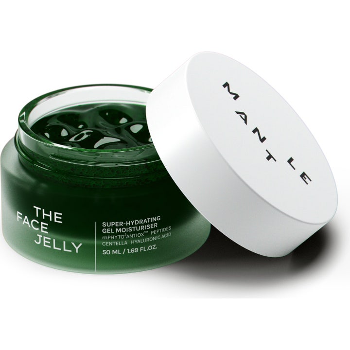MANTLE The Face Jelly 50 ml syväkosteuttava kasvovoide vihreässä lasipurkissa, jossa on näkyvissä raikas geelikoostumus.