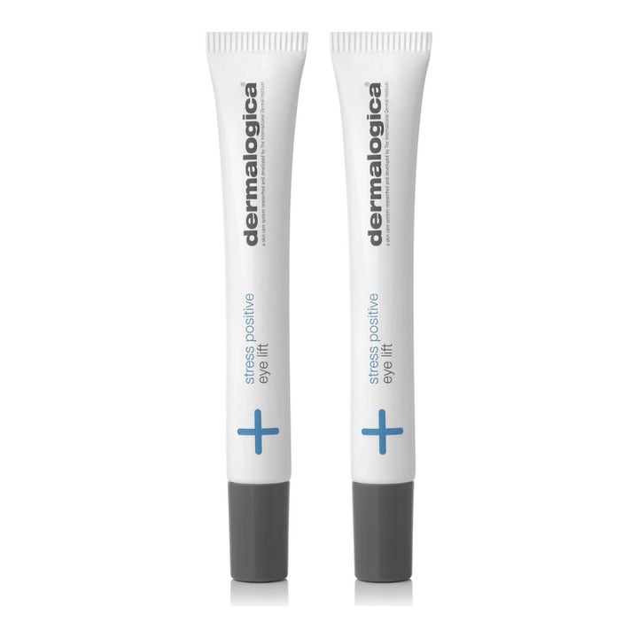 Dermalogica Stress Positive Eye Lift kiinteyttävä silmänympärysvoide valkoisessa tuubissa harmaalla korkilla.