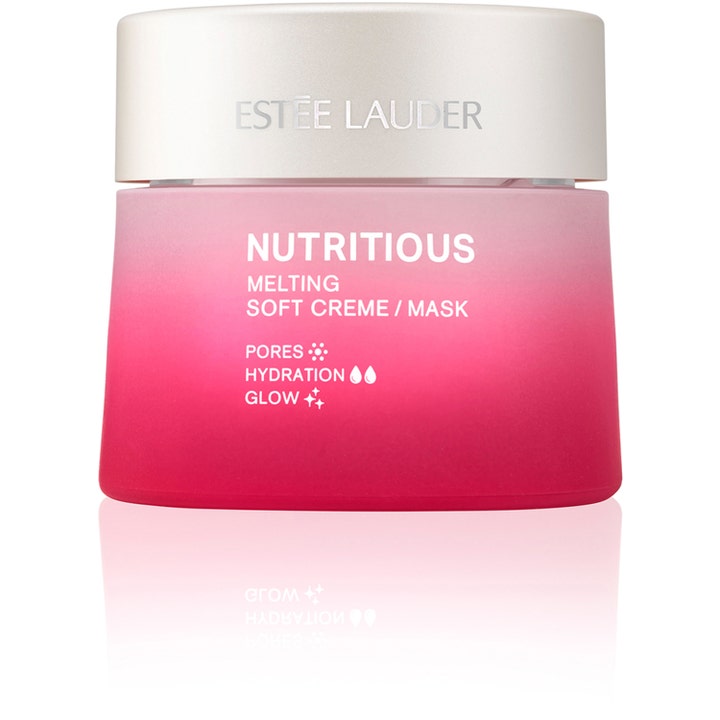 Estée Lauder Nutritious Melting Soft Creme / Mask heleyttävä kosteusvoide vaaleanpunaisessa liukuvärjätyssä purkissa.
