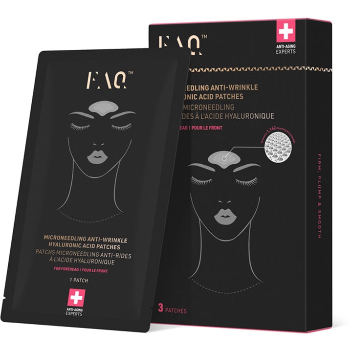 FAQ Microneedling Anti-Wrinkle Hyaluronic Acid Patches 3 kpl silottavat ja kosteuttavat otsalaastarit mustassa pakkauksessa.