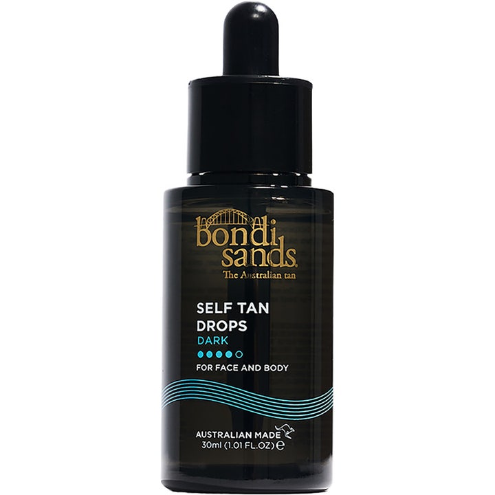 Bondi Sands Self Tan Drops Dark 30 ml itseruskettavat tipat tummassa lasipullossa, jossa on pipetti.