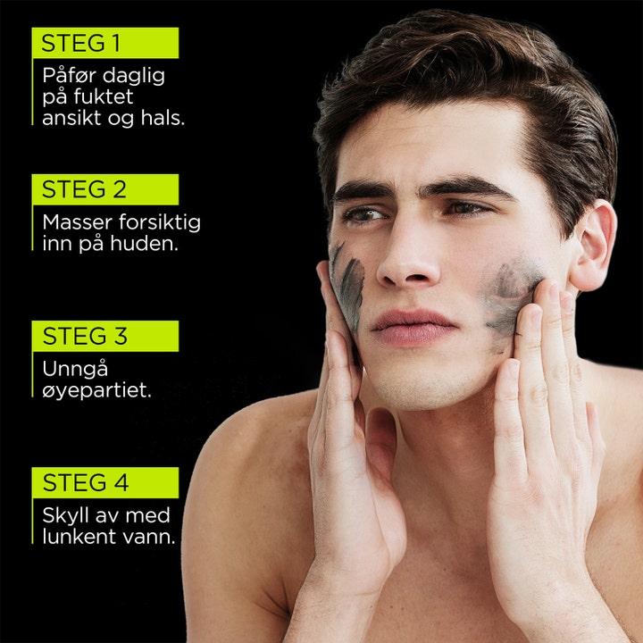 L'Oréal Paris Pure Charcoal Wash 100 ml syväpuhdistava puhdistusgeeli, mies levittää harmaata geeliä kasvoilleen.