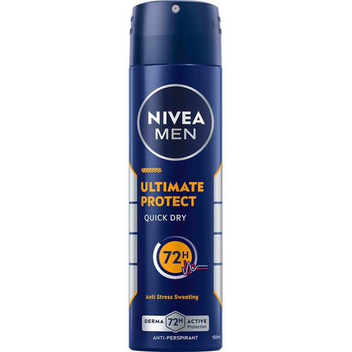 Nivea Men Ultimate Protect 150 ml antiperspirantti antaa 72h suojan tummansinisessä suihkepullossa oranssein tehostein.