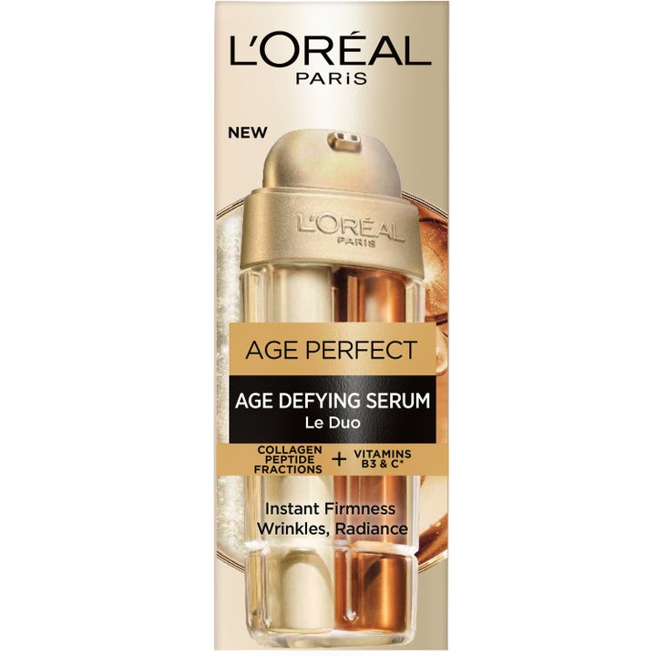 L'Oréal Paris Age Perfect Le Duo 30 ml kiinteyttävä seerumi kultaisessa pakkauksessa jossa on kaksiosainen pullo