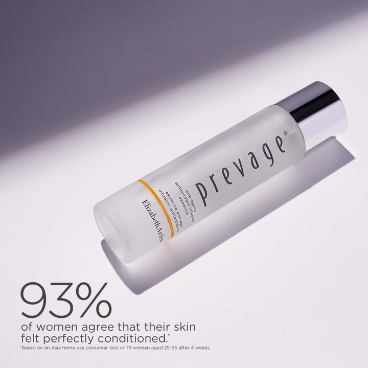 Elizabeth Arden Prevage Anti-Aging Essence 150 ml hoitava hoitoneste huurteisessa pullossa hopeakorkilla.