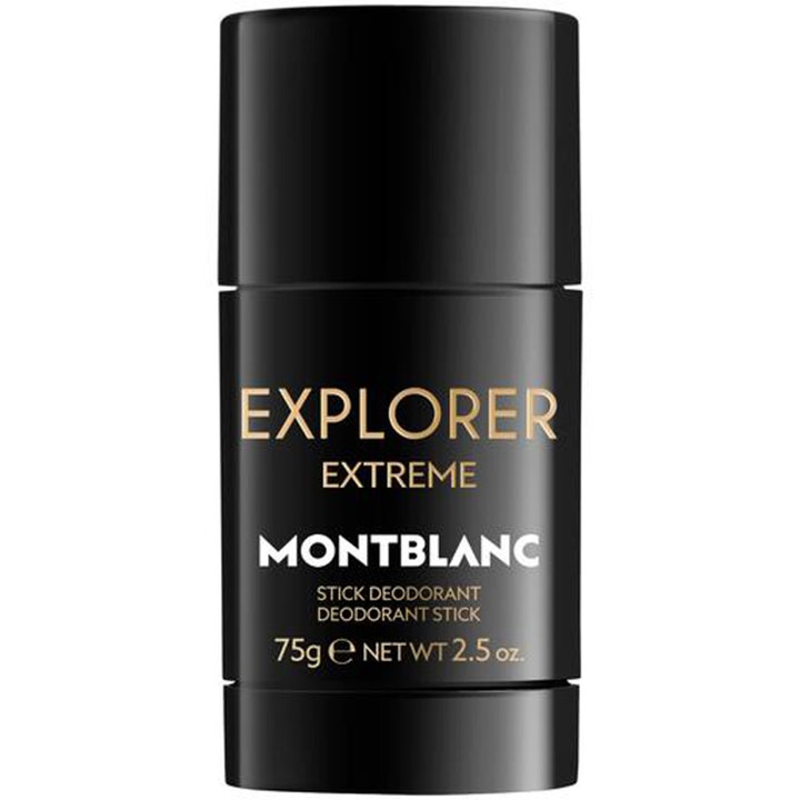 Montblanc Explorer Extreme 75g deodoranttipuikko antaa raikkautta tyylikkäässä mustassa hylsyssä kultaisin tekstein.