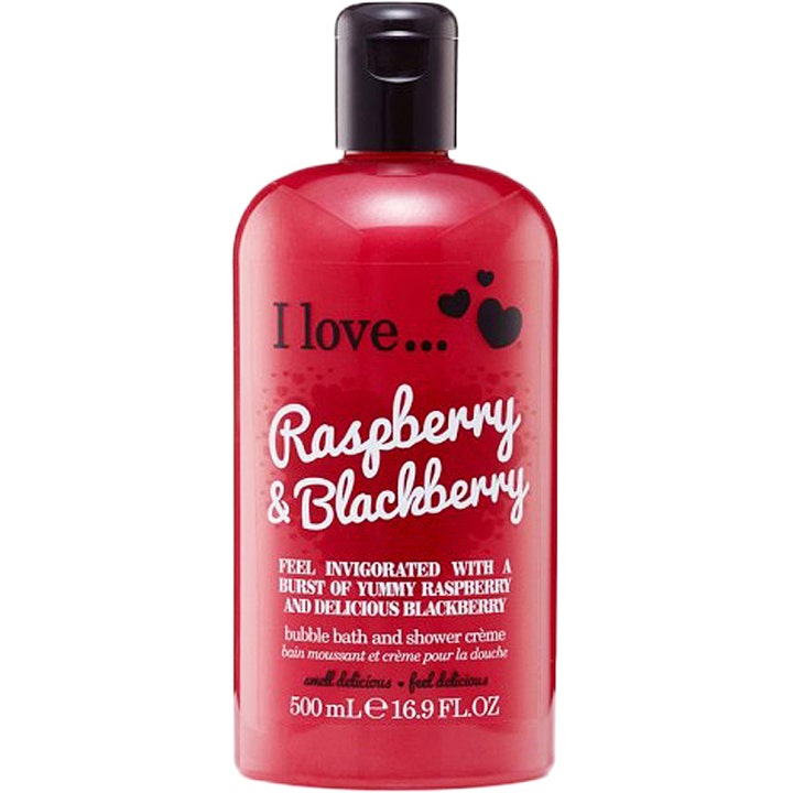I Love... Raspberry & Blackberry 500 ml virkistävä suihkugeeli ja kylpyvaahto punaisessa pullossa mustalla korkilla