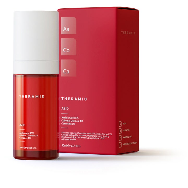 Niche Beauty Lab Theramid Azid 30 ml kirkastava kasvoseerumi punaisessa pullossa ja ulkopakkauksessa.