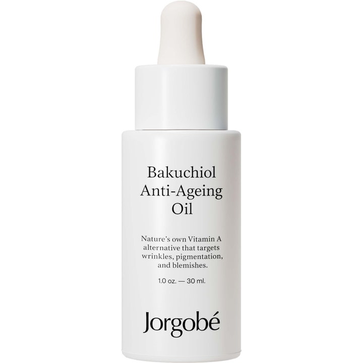 Jorgobé Bakuchiol Anti-Ageing Oil 30 ml juonteita häivyttävä kasvoöljy tyylikkäässä valkoisessa pipettipullossa.