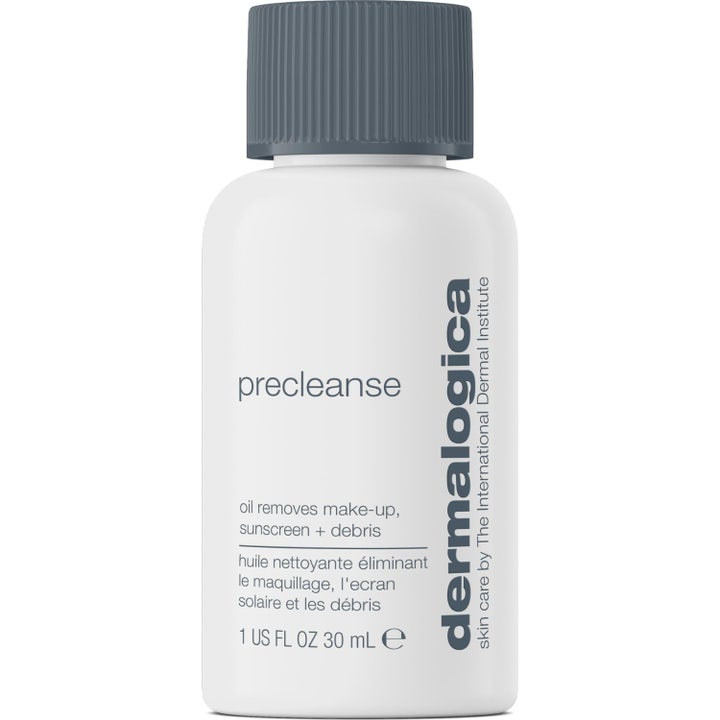 Dermalogica Precleanse 30 ml puhdistusöljy poistaa meikin ja epäpuhtaudet valkoisessa pullossa harmaalla korkilla