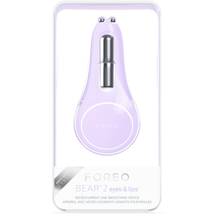 FOREO BEAR 2 eyes & lips Lavender 1 kpl juonteita silottava mikrovirtalaite läpinäkyvässä pakkauksessa