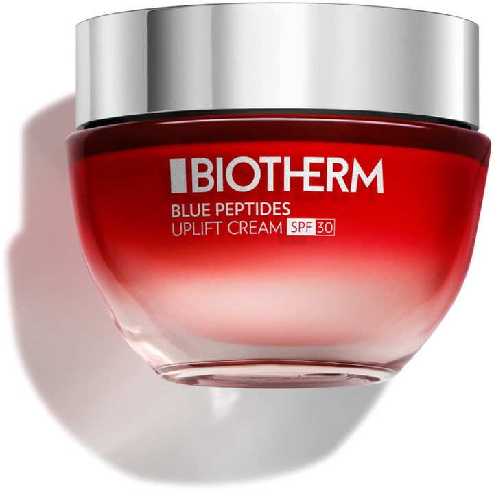 Biotherm Blue Peptides Uplift Cream SPF 30 kiinteyttävä päivävoide punaisessa lasipurkissa hopeisella kannella.