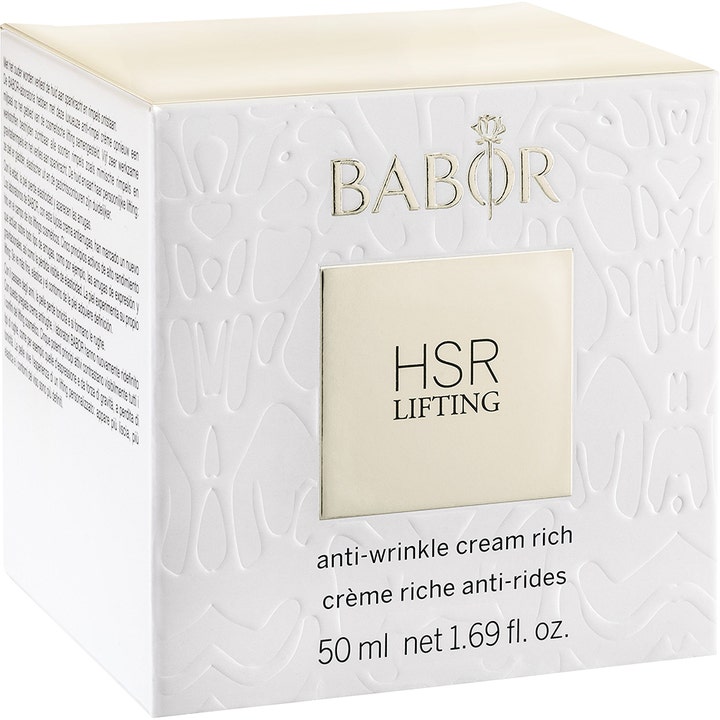 Babor HSR Lifting Cream Rich 50 ml silottava kasvovoide valkoisessa kohokuvioidussa pakkauksessa kultaisella neliöllä.