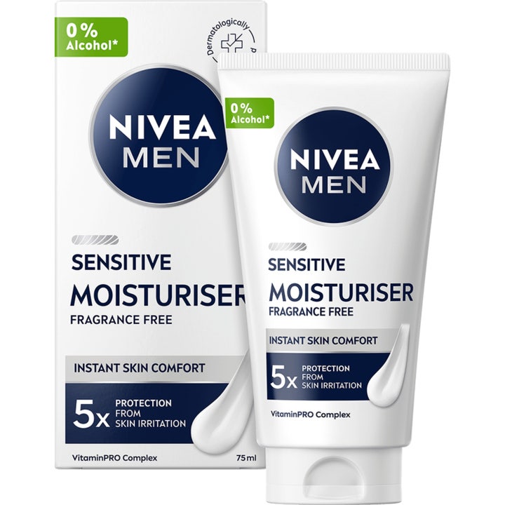 Nivea Men Sensitive Face Cream 75 ml kosteuttava kasvovoide rauhoittaa ihoa valkoisessa tuubissa ja pakkauksessa.
