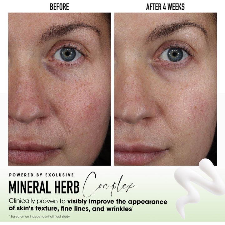 bareMinerals Skinlongevity Barrier Boosting Serum 30 ml silottaa juonteita ennen ja jälkeen kuvissa.