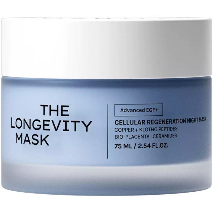 Longevity Mask Cellular Regeneration Night Mask 75 ml soluja uudistava yönaamio sinisessä huurteisessa lasipurkissa.