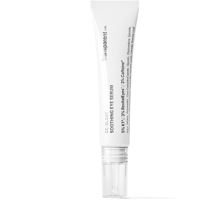 Transparent Lab De-Bloat Soothing Eye Serum 15 ml rauhoittava silmänympärysseerumi valkoisessa tuubissa.