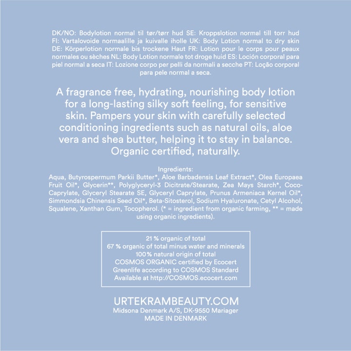 Urtekram Body Lotion Fragrance Free 245 ml kosteuttava vartalovoide pakkauksen takasivu ainesosaluetteloineen.