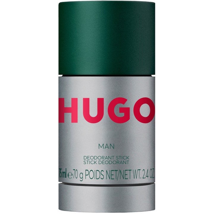 Hugo Man 75 ml deostick antaa raikkaan suojan harmaassa pakkauksessa, jossa on tummanvihreä korkki ja punainen logo.