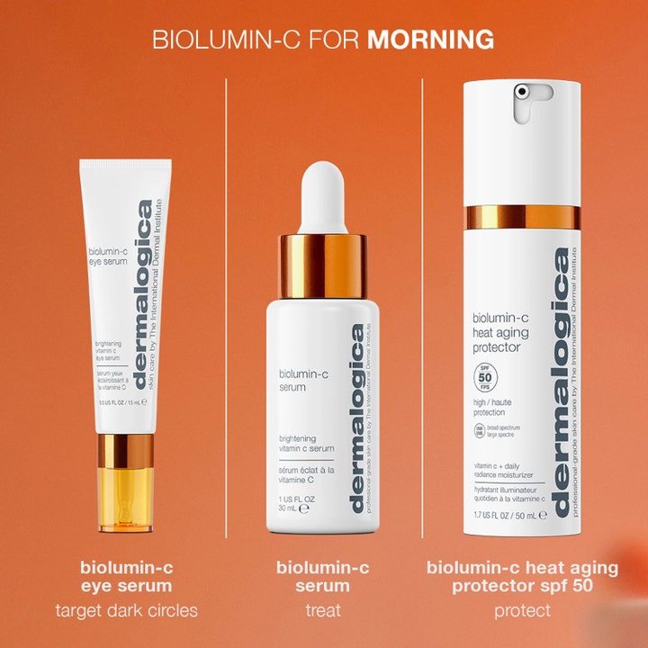 Dermalogica Biolumin-C Heat Aging Protector 50 ml SK 50 päivävoide ja seerumit C-vitamiinilla oranssilla pohjalla.