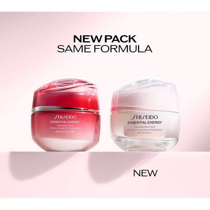 Shiseido Essential Energy Hydrating Day Cream 50 ml kosteuttava päivävoide SPF 20 avatussa punaisessa lasipurkissa.