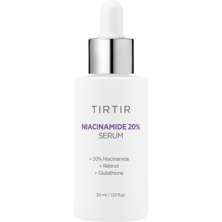 TIRTIR Niacinamide 20% Serum 30 ml kirkastava ja tasoittava seerumi valkoisessa pullossa hopeisella pipetillä.