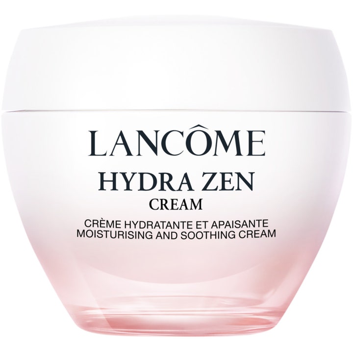 Lancôme Hydra Zen Cream rauhoittava kasvovoide vaaleanpunaisessa lasipurkissa, jossa on valkoinen kansi
