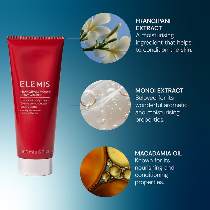 Elemis Frangipani Monoi Body Cream 200 ml kosteuttava vartalovoide punaisessa tuubissa ja hoitavat ainesosat