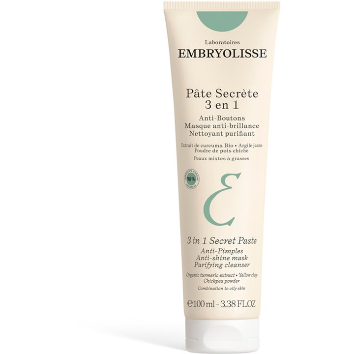 Embryolisse 3-In-1 Secret Paste 100 ml puhdistava kasvonaamio epäpuhtauksia vastaan beigessä tuubissa.